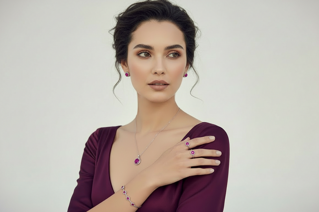 Simple minimalist jewelry with smaller hot deep pink gemstones
