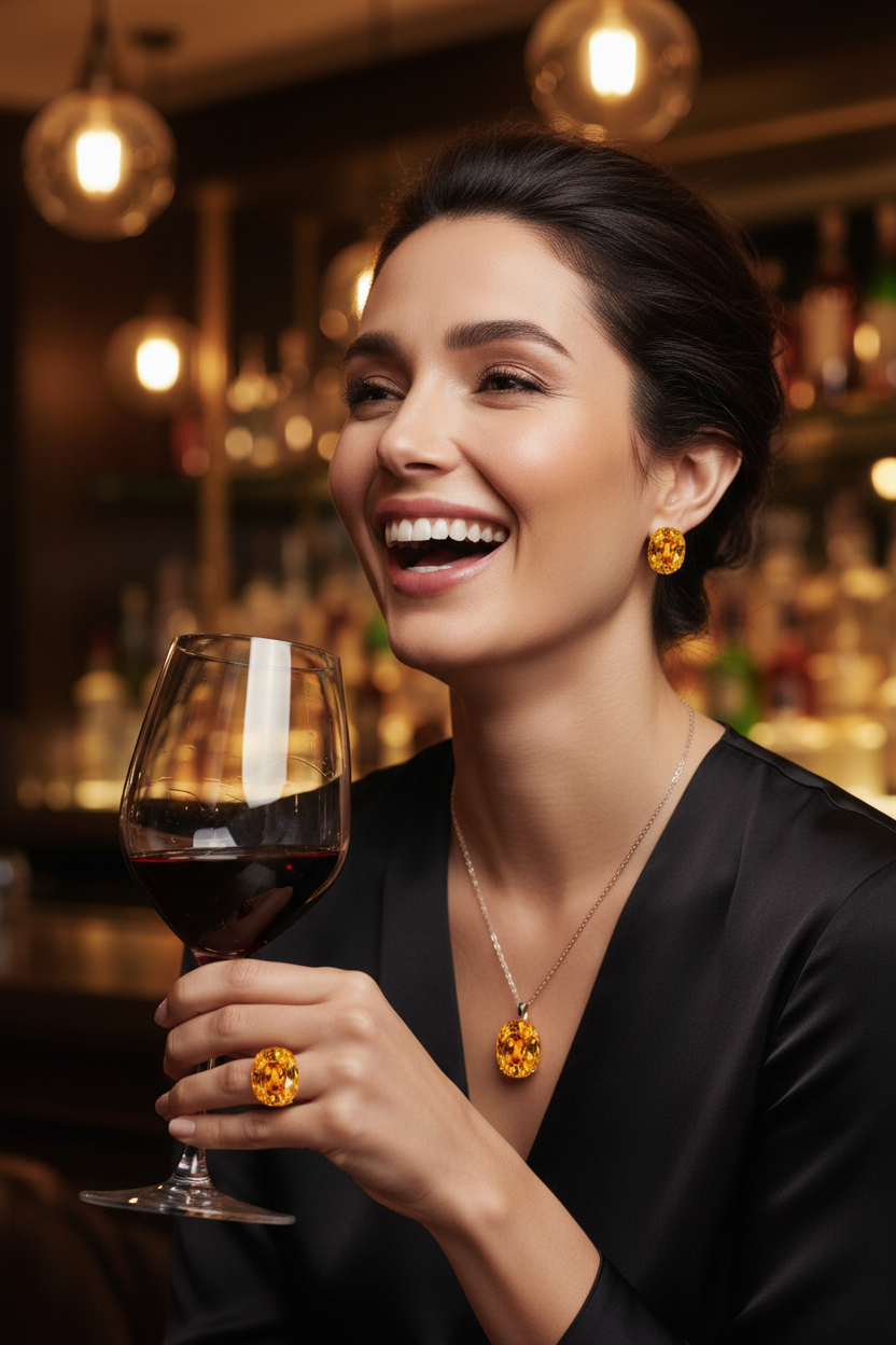 Tal at the bar with honey zircon jewelry
