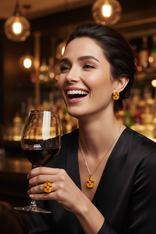 Tal at the bar with honey zircon jewelry