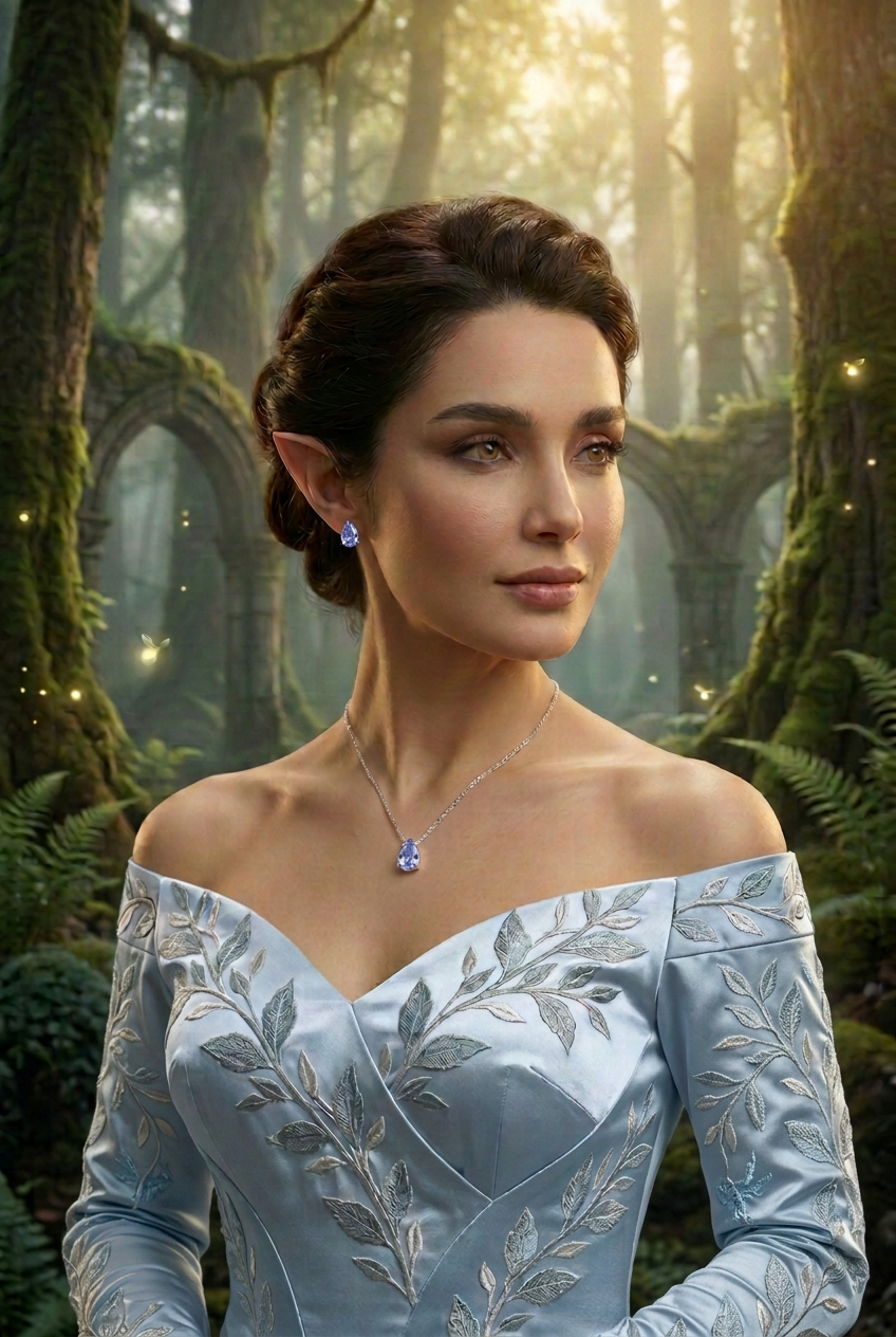 Tal in an icy-blue elven gown with fitted silver-embroidered sleeves and delicate tanzanite jewelry